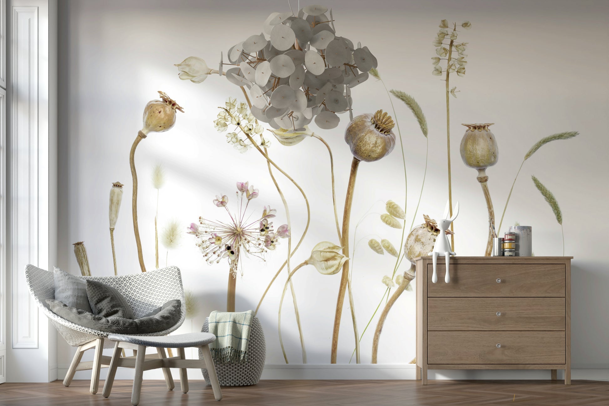 A beautiful subtle meadow wallpaper mural with dried grasses.

