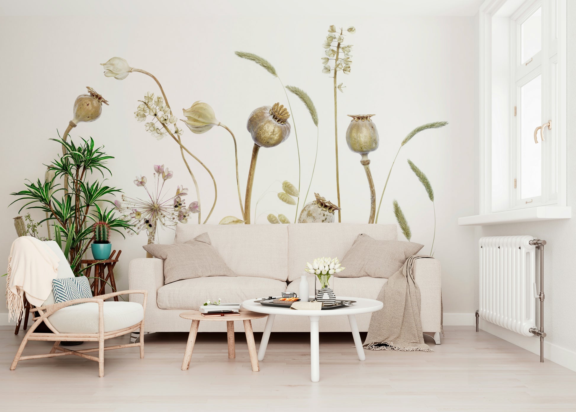 A graceful subtle plant wall mural in cool, natural tones.

