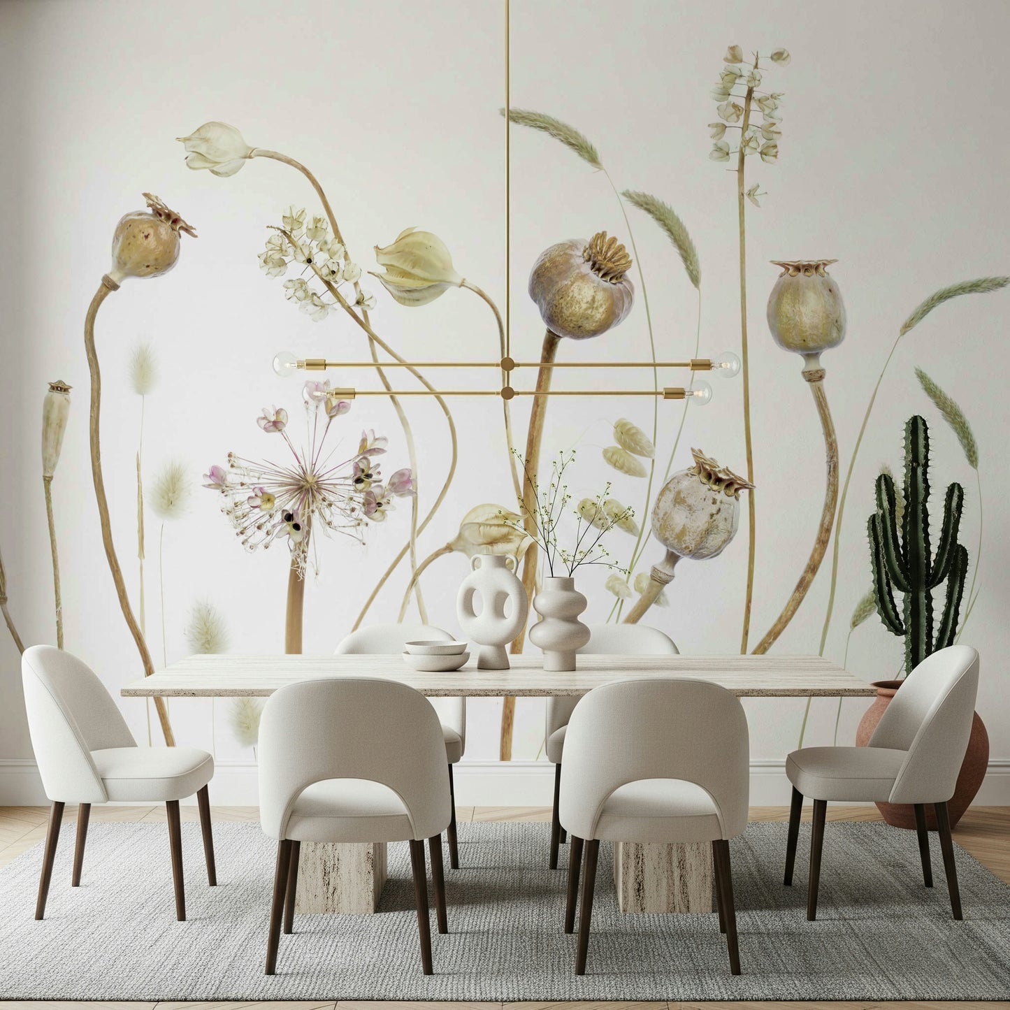 An artistic dried grass mural on minimalist wallpaper.

