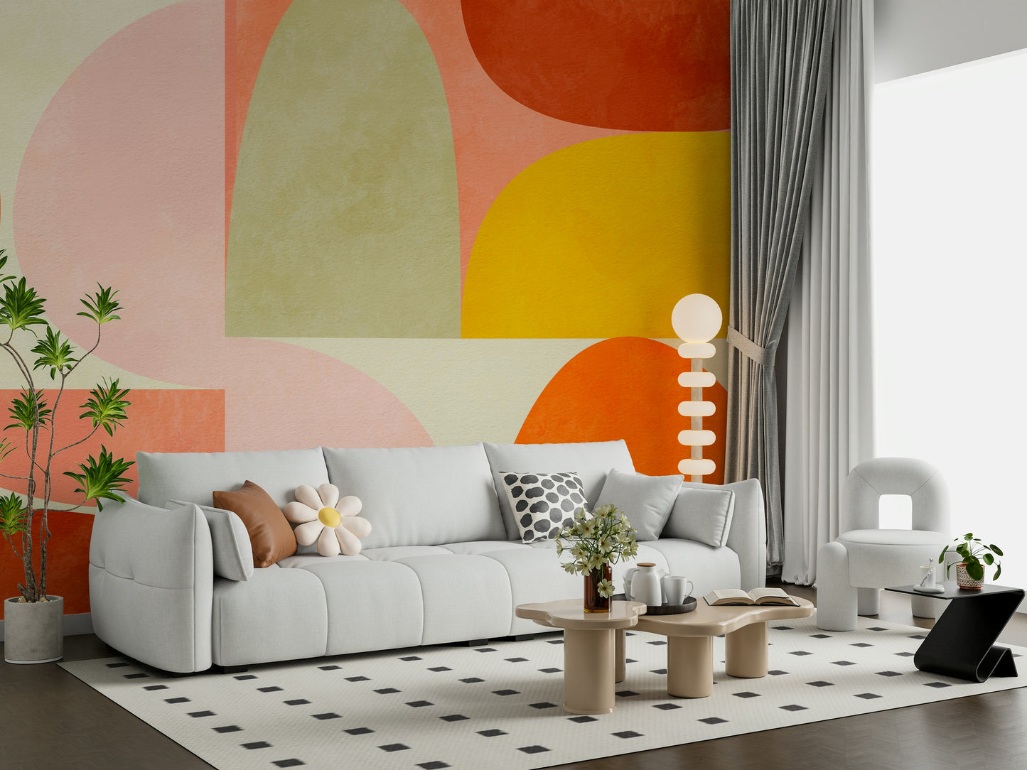 A beautiful wide-angle wall mural of interlocking shapes.

