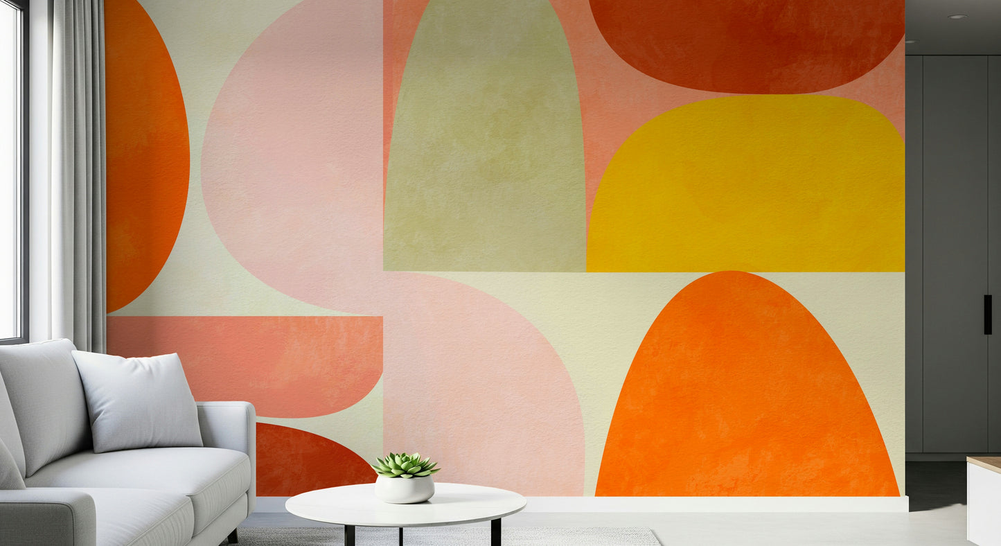 A graceful subtle geometric wall mural in cool, natural tones.

