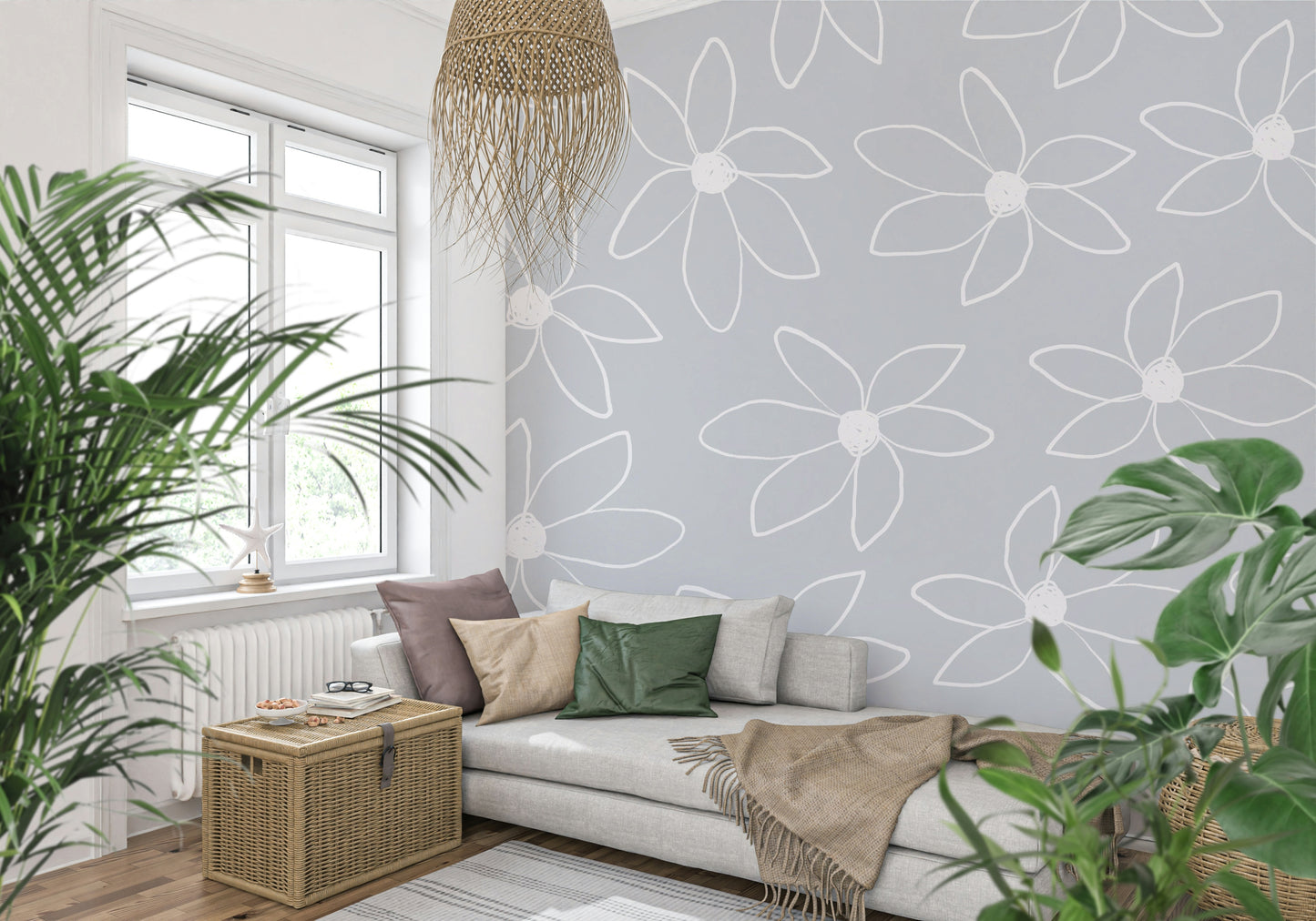 A peaceful repetitive doodle mural on decorative wallpaper.

