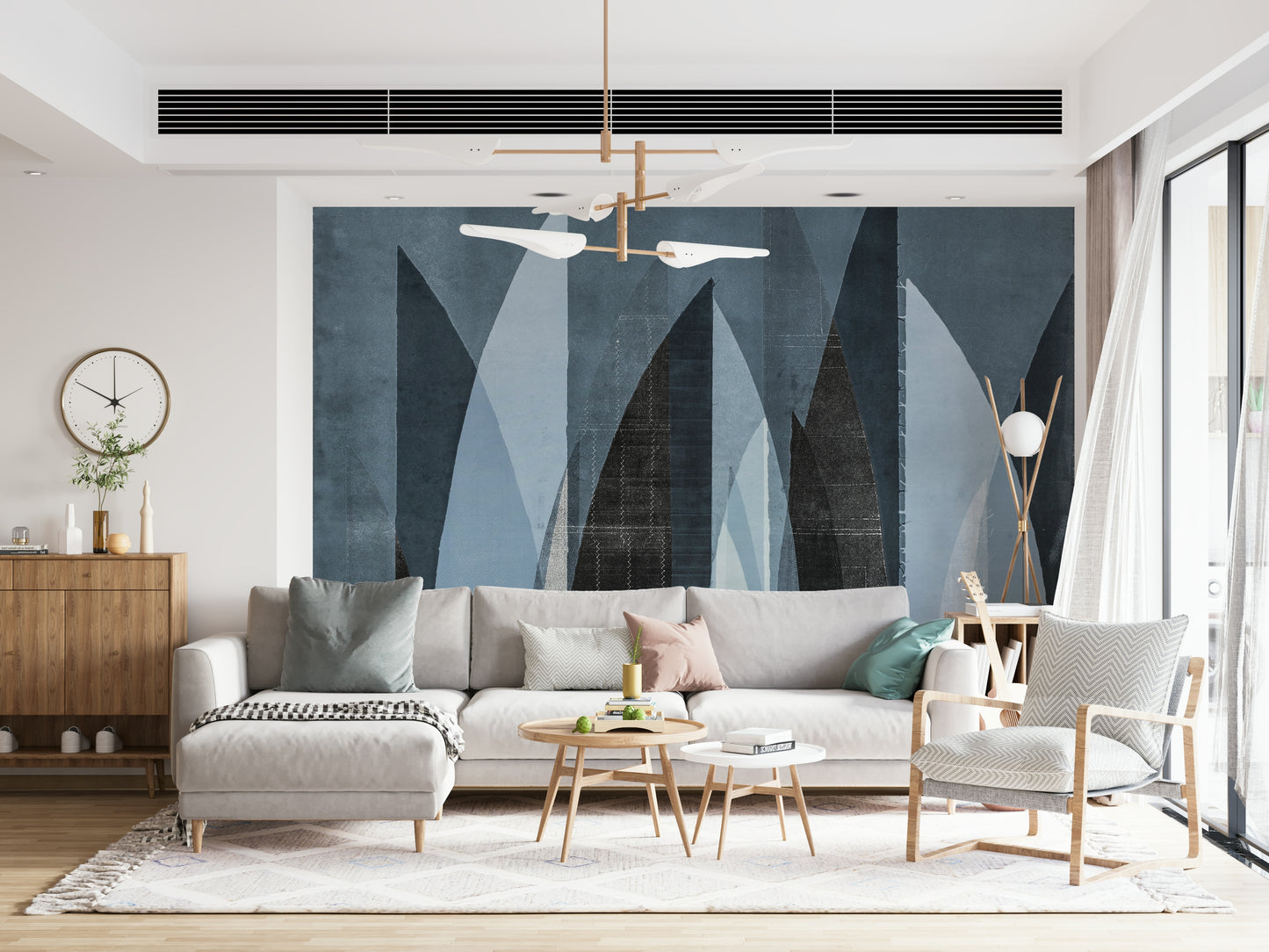 A graceful subtle abstract wall mural in cool, natural tones.

