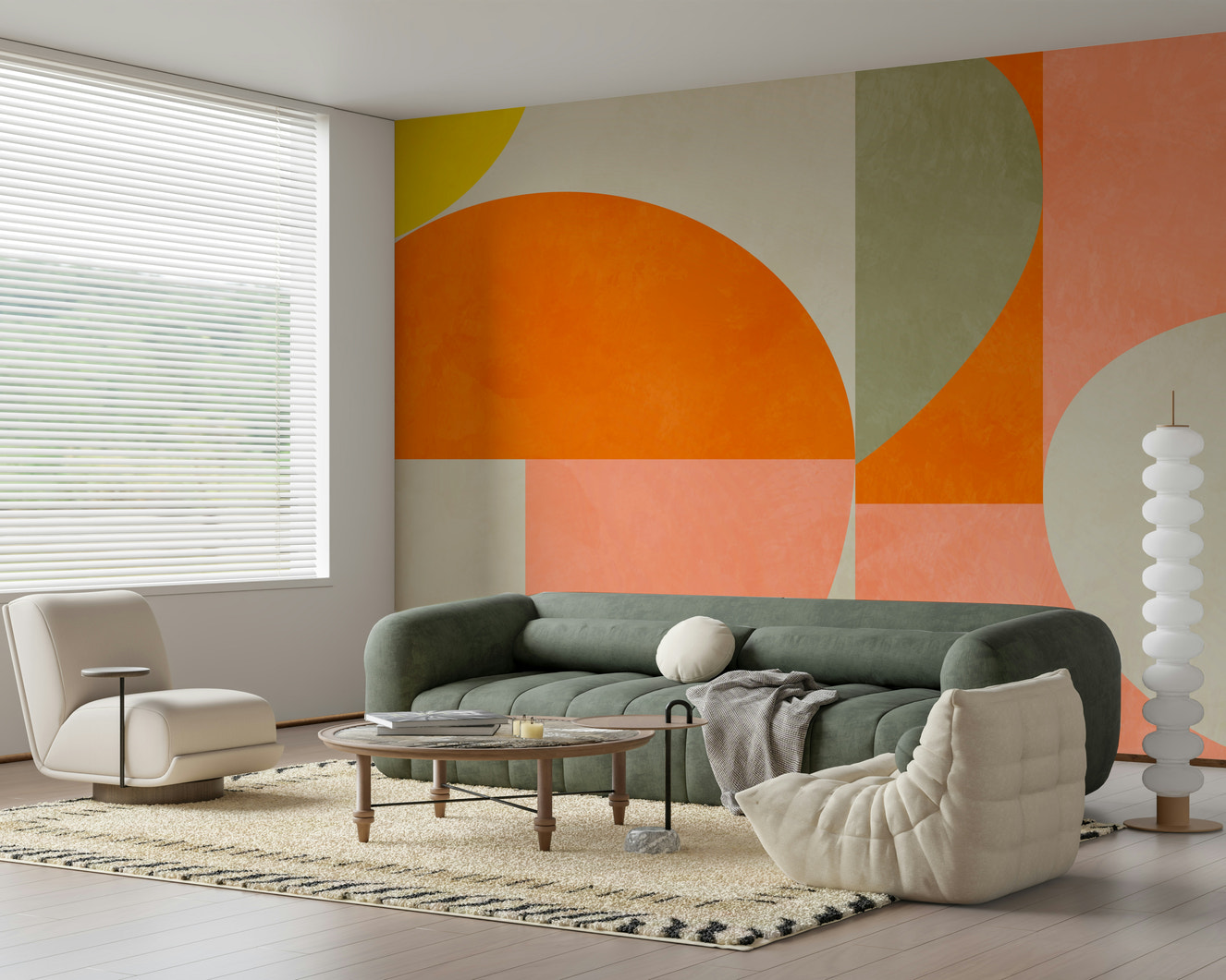A beautiful mid-century wallpaper mural with geometric shapes.

