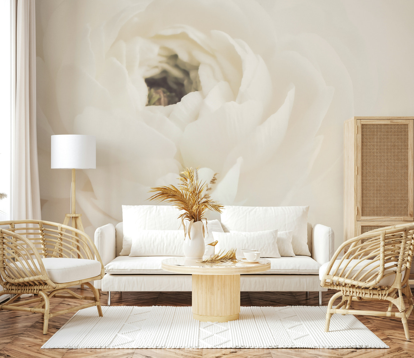 A beautiful serene white floral wallpaper mural for a modern home.

