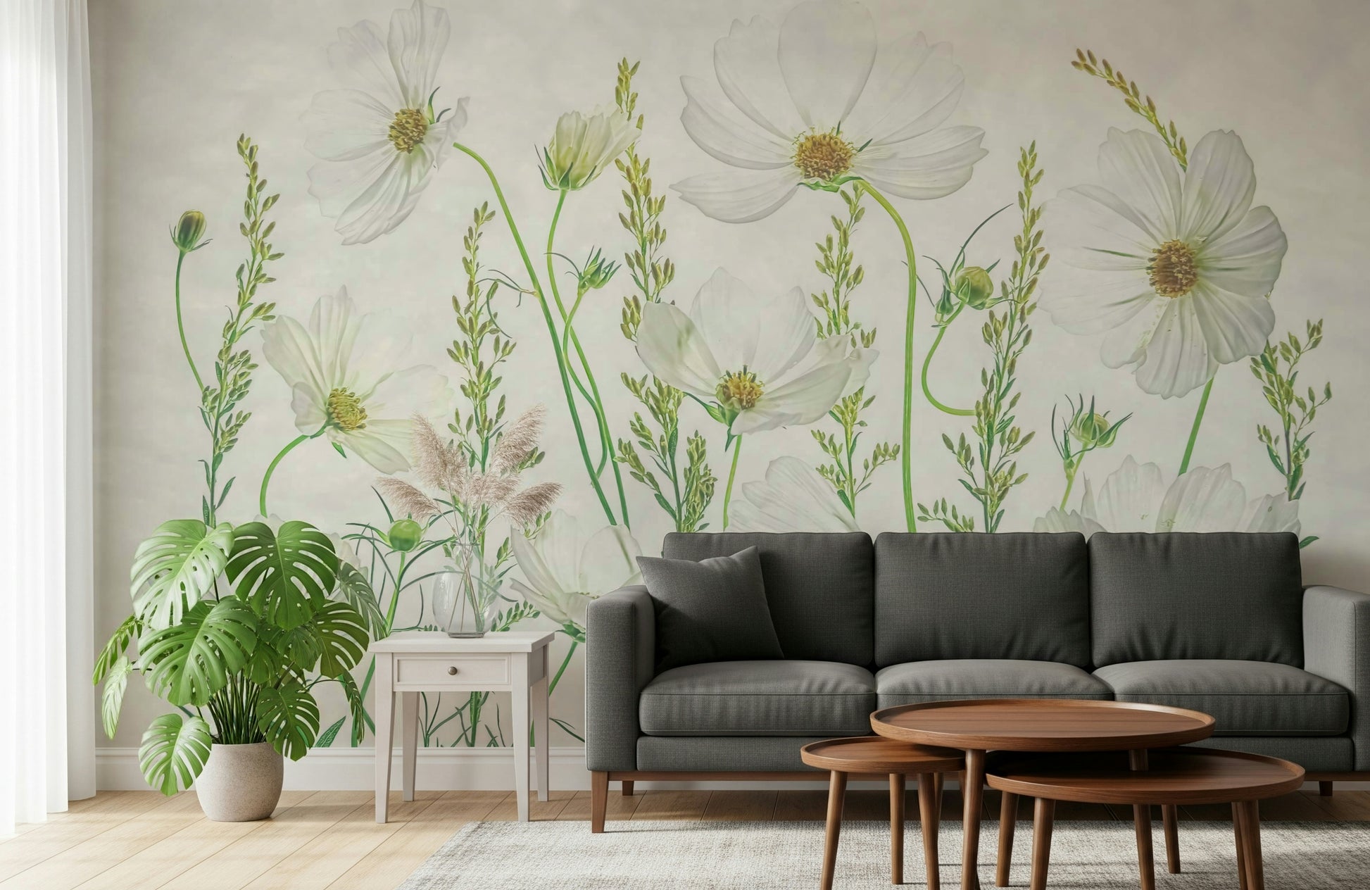 A graceful subtle cosmos wall mural in bright, soft tones.


