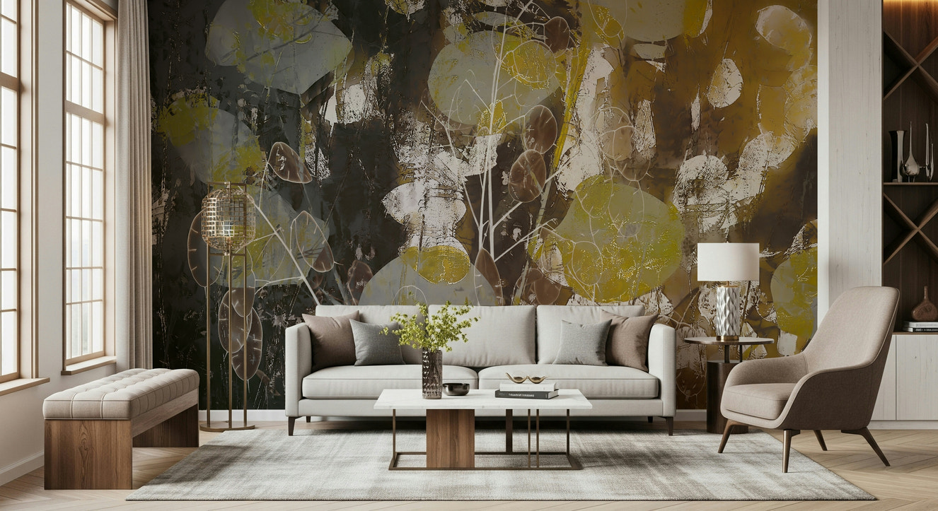 A beautiful gilded floral wallpaper mural for a luxurious home.

