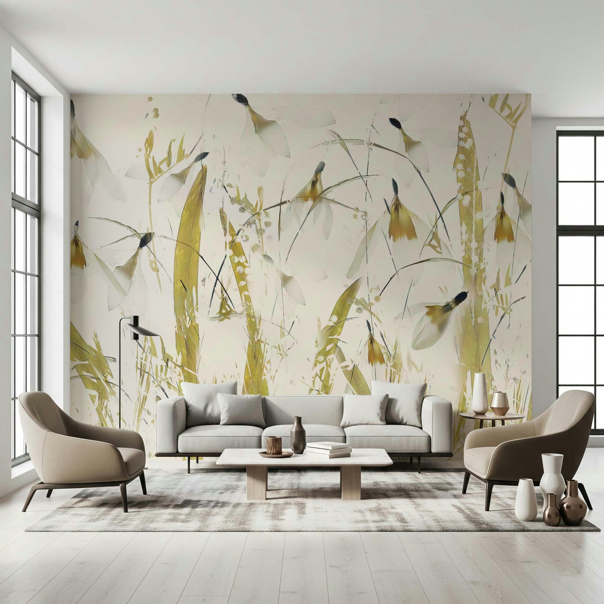 A calming ethereal gold wallpaper mural that defines a space.

