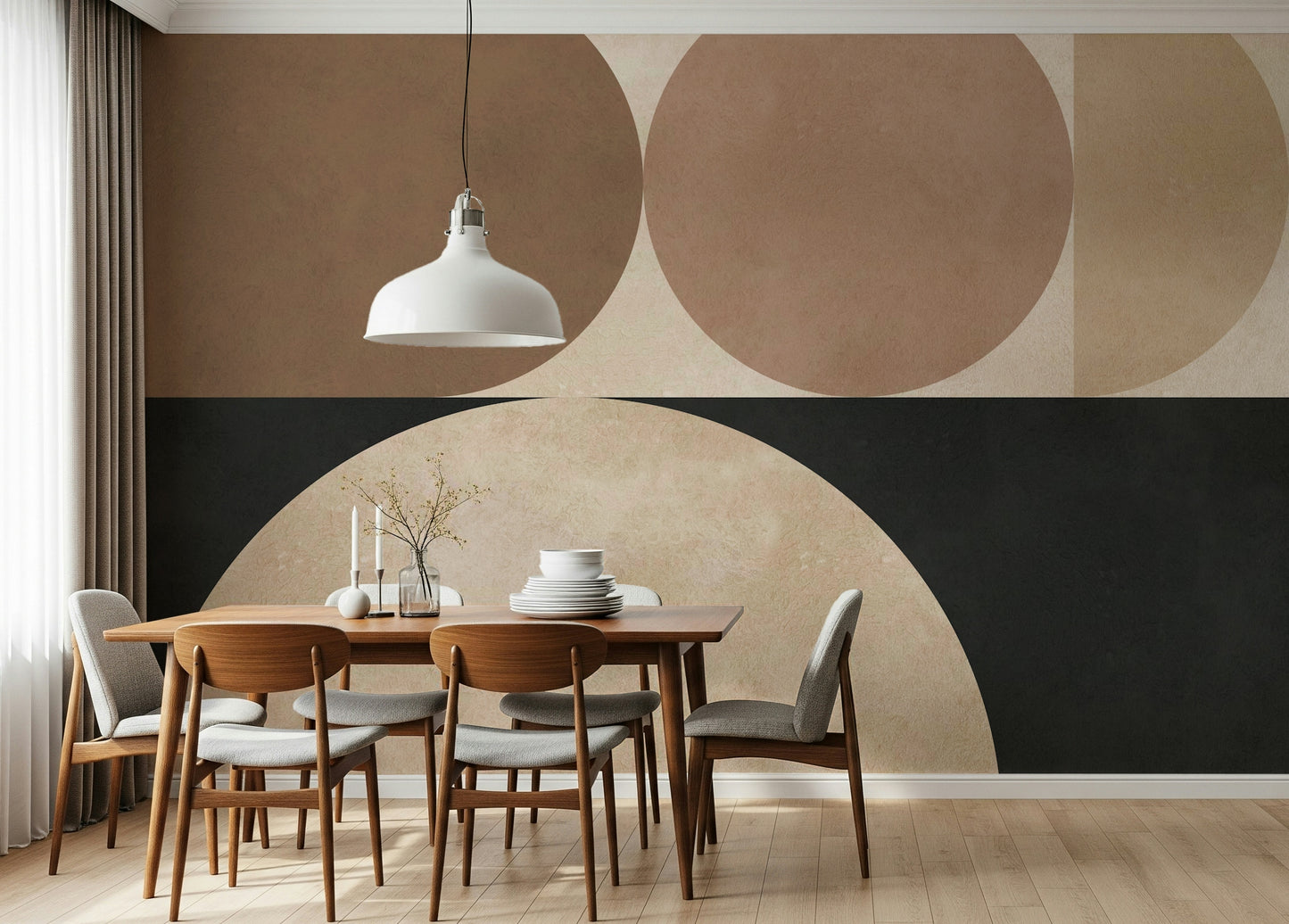 A peaceful geometric abstract mural on decorative wallpaper.

