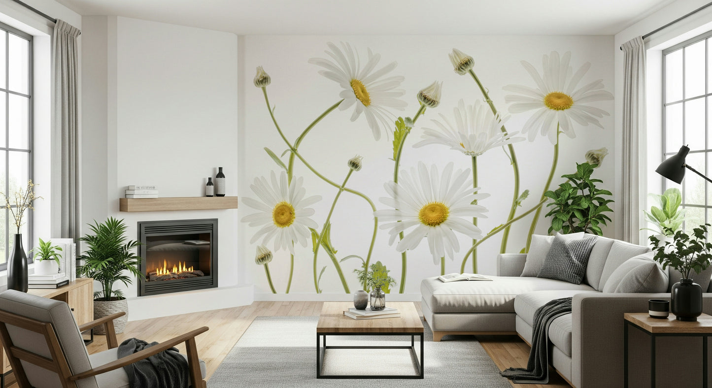 A graceful subtle bloom wall mural in soft, white tones.

