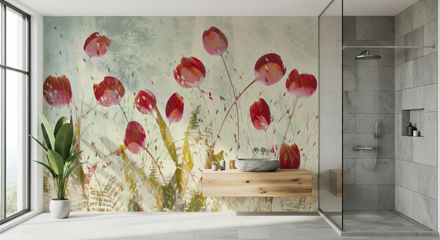 An artistic blooming field mural on minimalist wallpaper.

