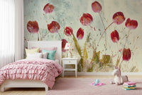 A serene scarlet meadow wall mural for your decor.


