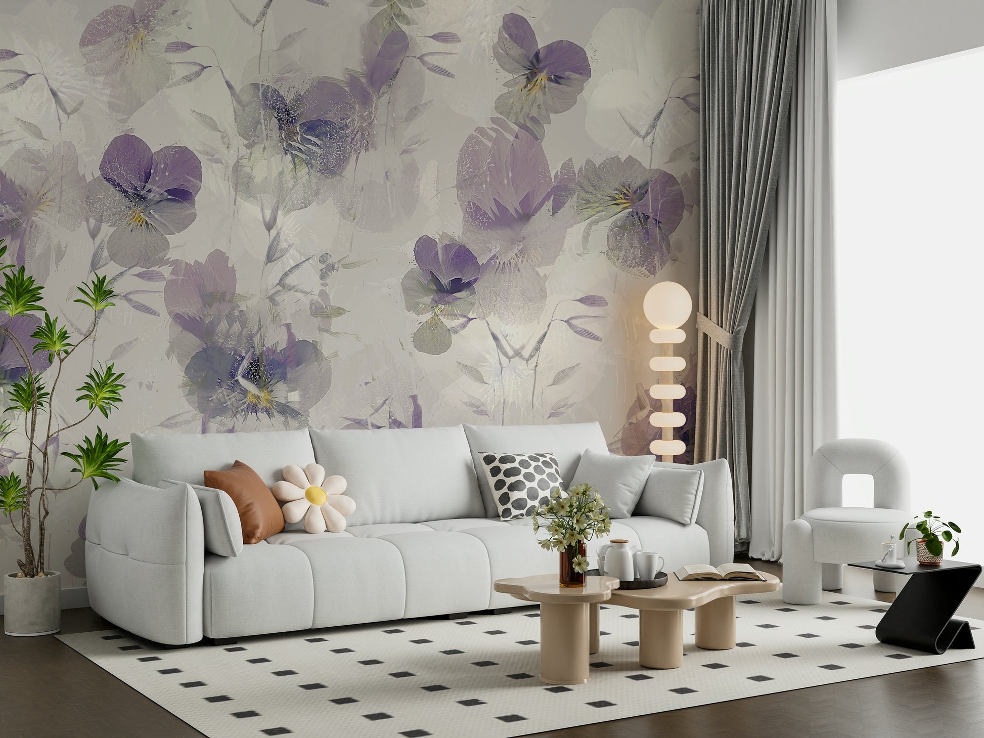 A contemplative floral pattern wallpaper mural for a feature wall.


