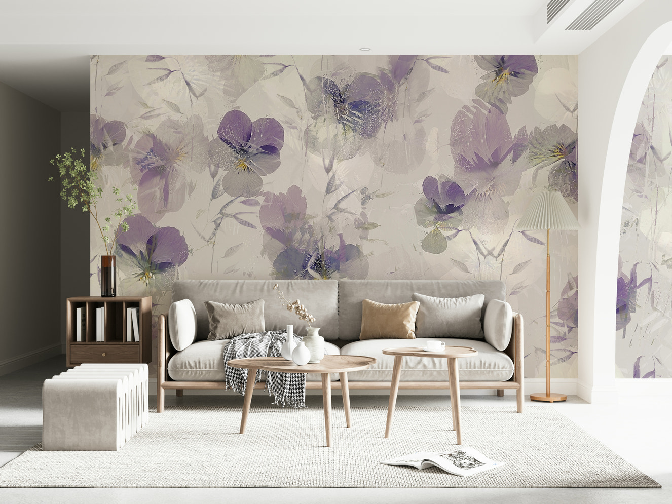 A beautiful violet floral wallpaper mural for a modern home.

