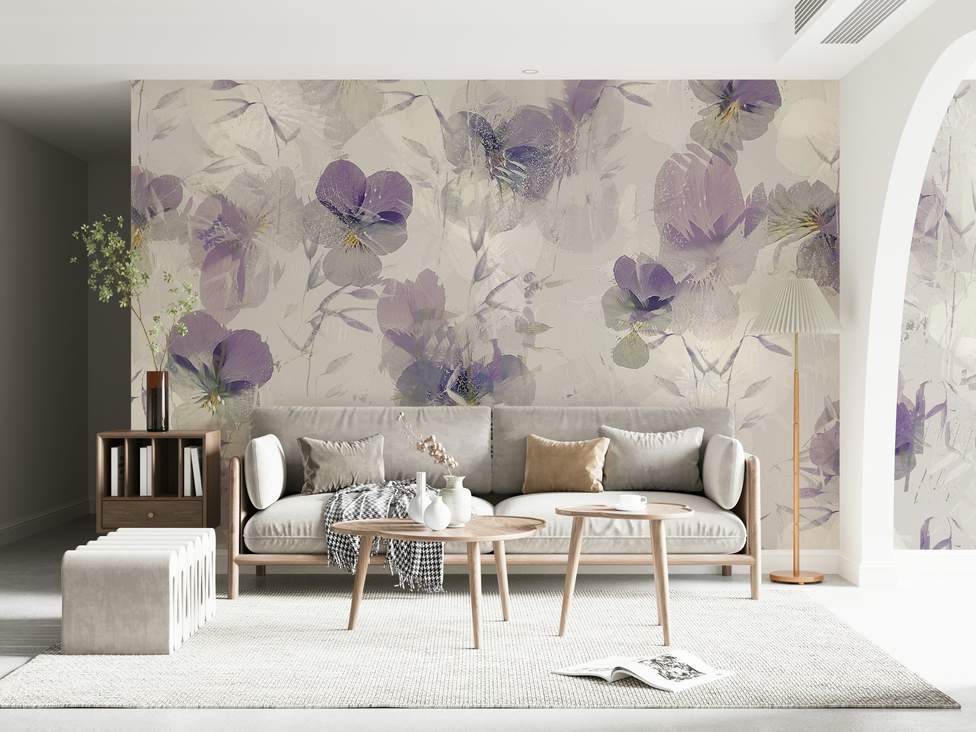 A beautiful violet floral wallpaper mural for a modern home.

