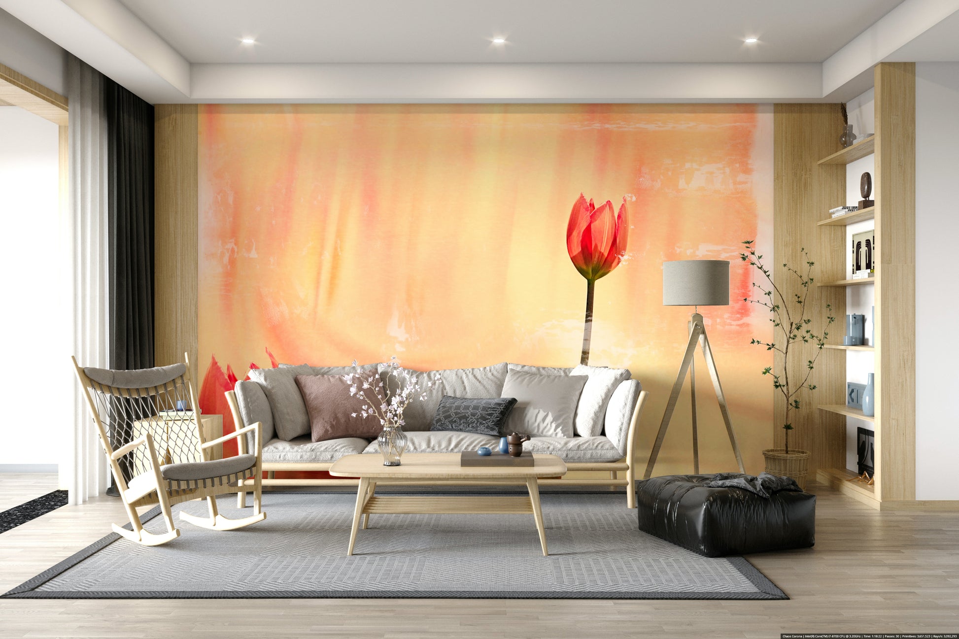 An artistic elegant tulip mural on minimalist wallpaper.

