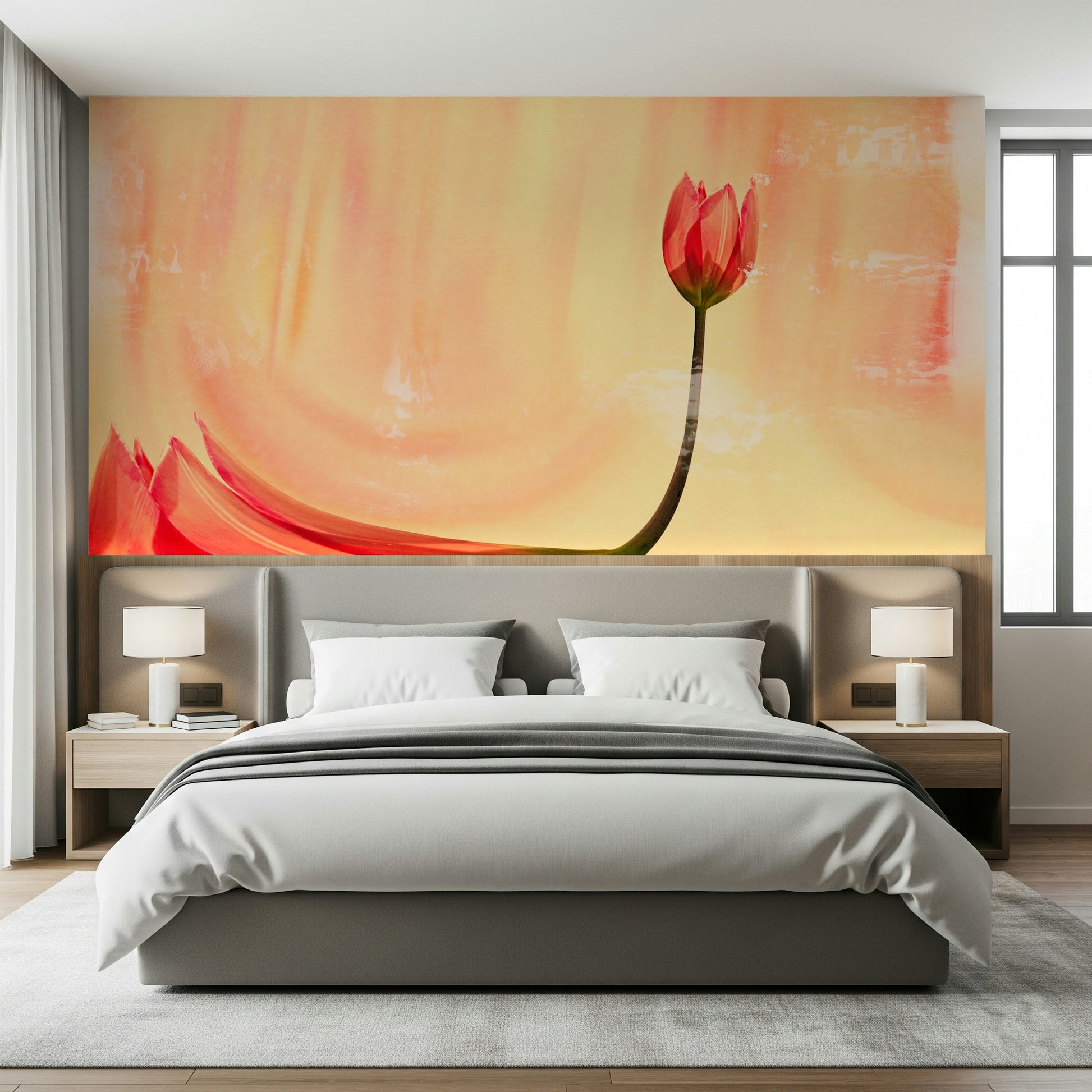 A beautiful coral tulip wallpaper mural for a modern home.

