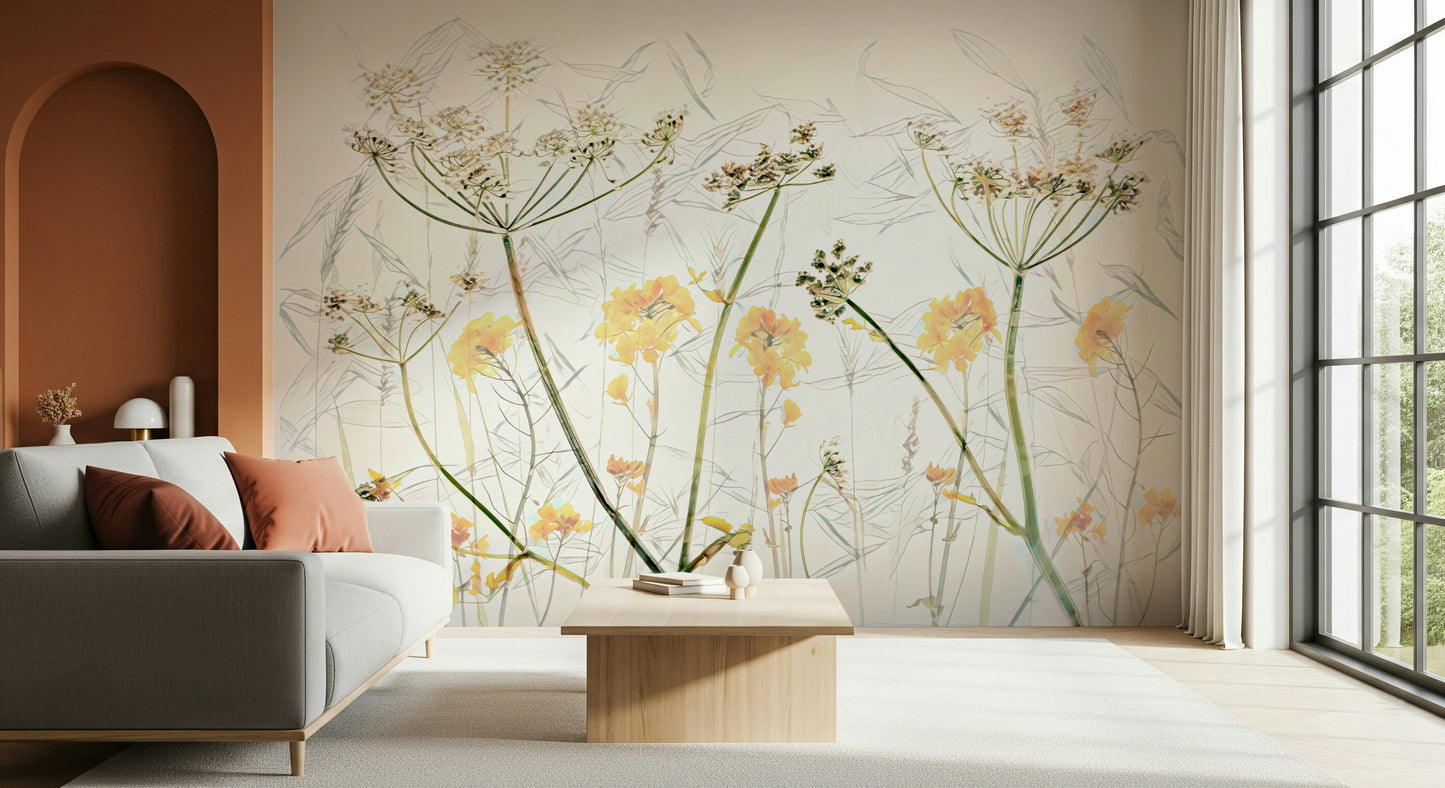 A beautiful golden floral wallpaper mural for a modern home.

