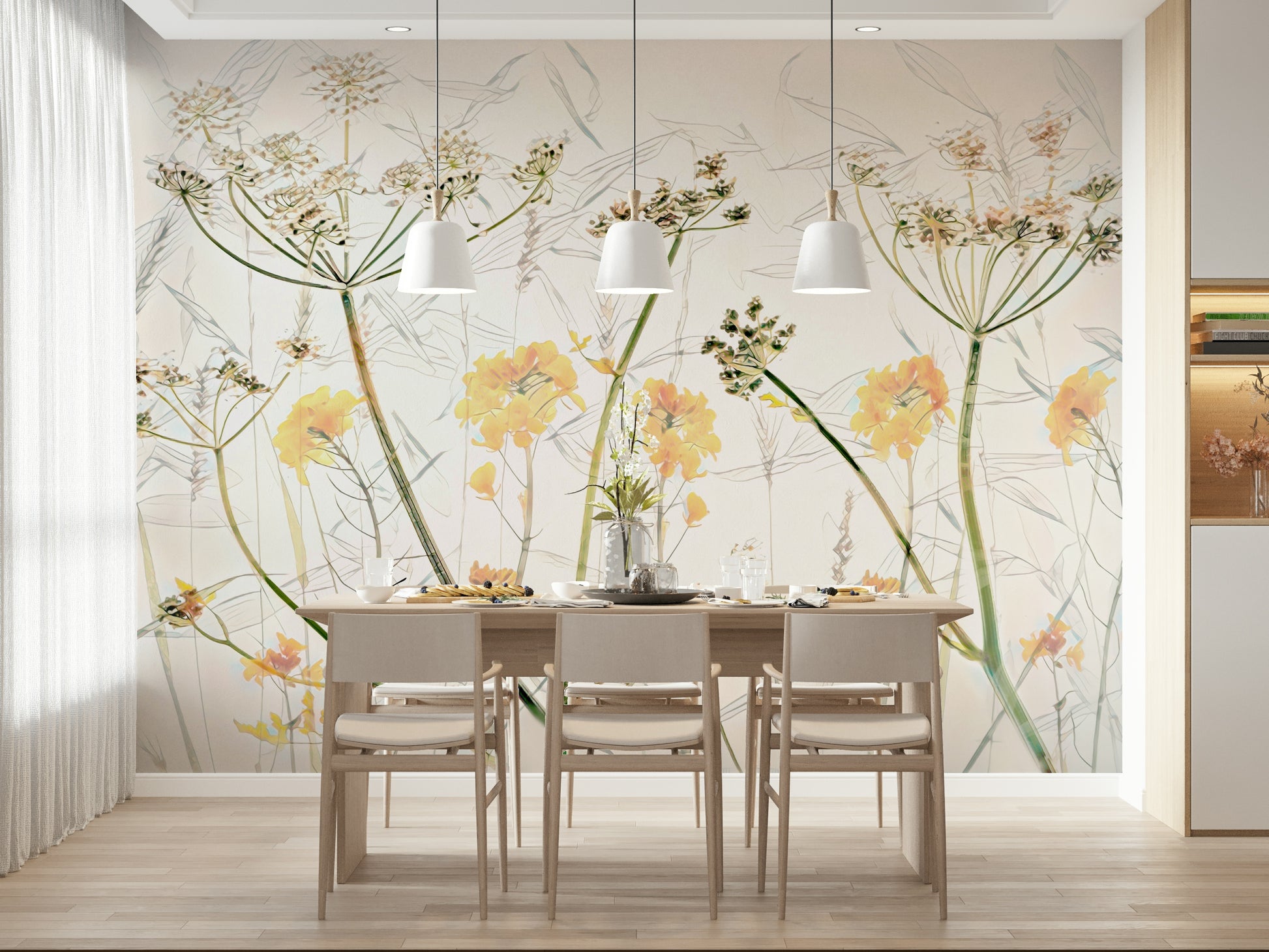 A serene subtle flower wall mural with metallic accents.

