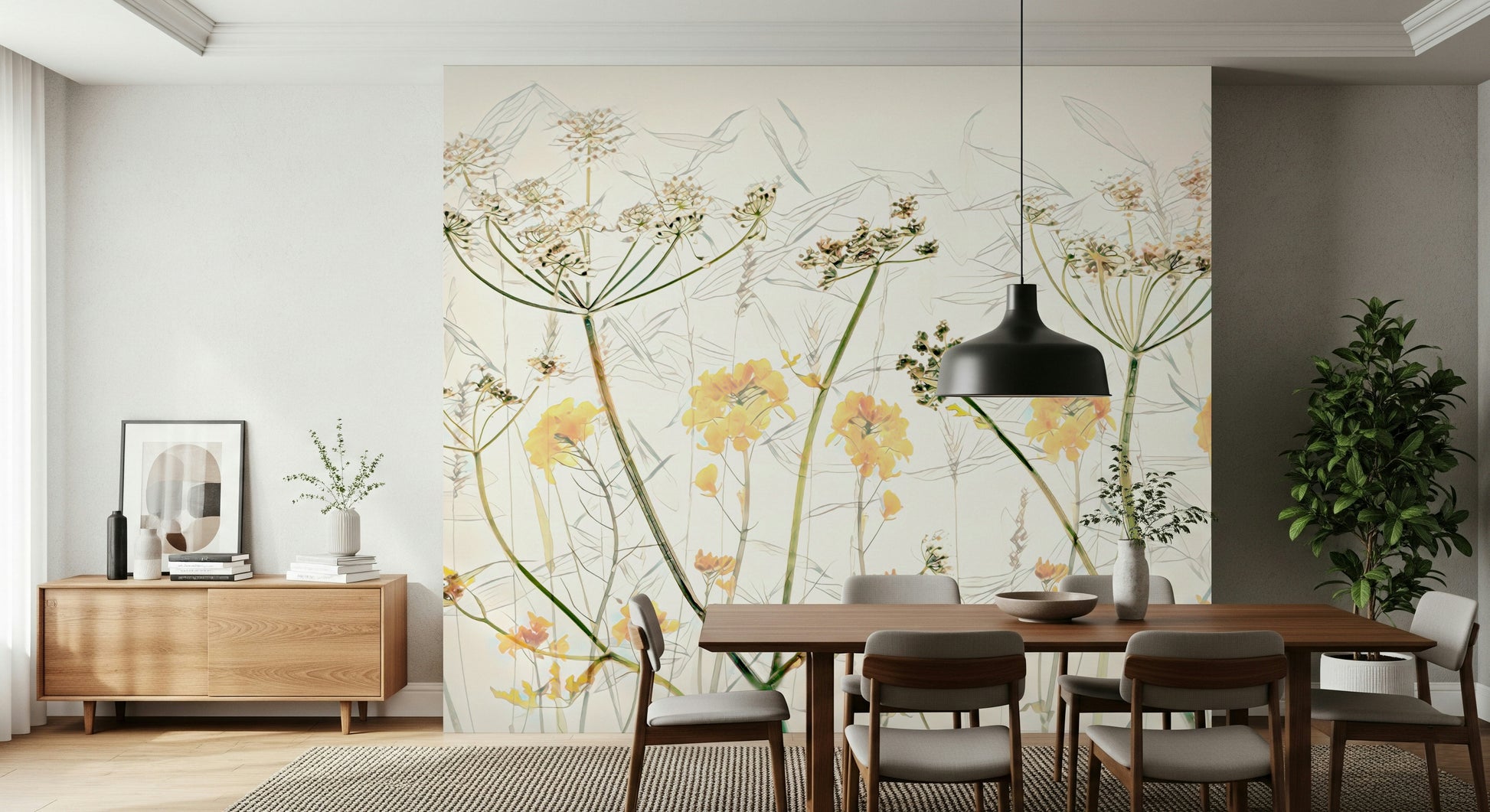 A calming floral design wallpaper mural that defines a space.


