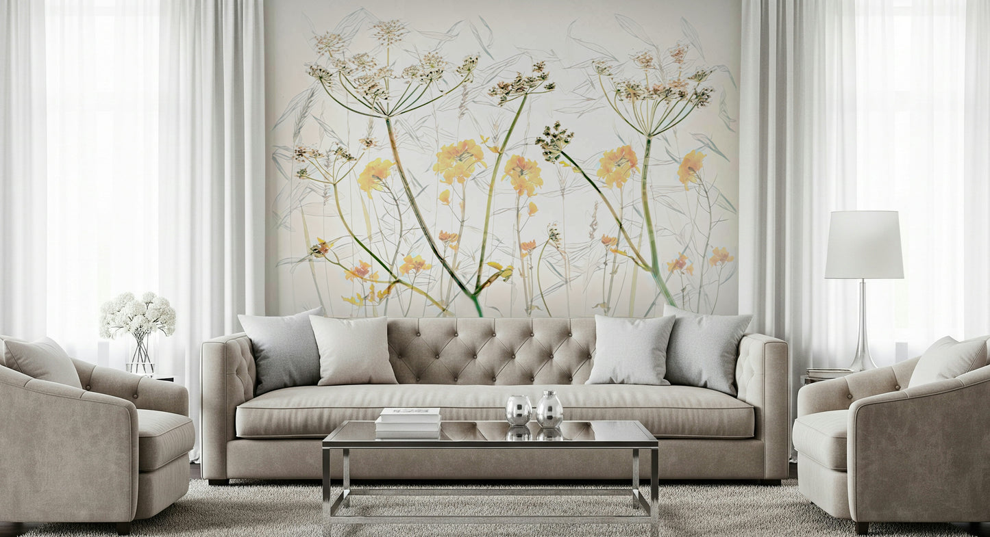 A beautiful modern art wall mural of delicate flowers.

