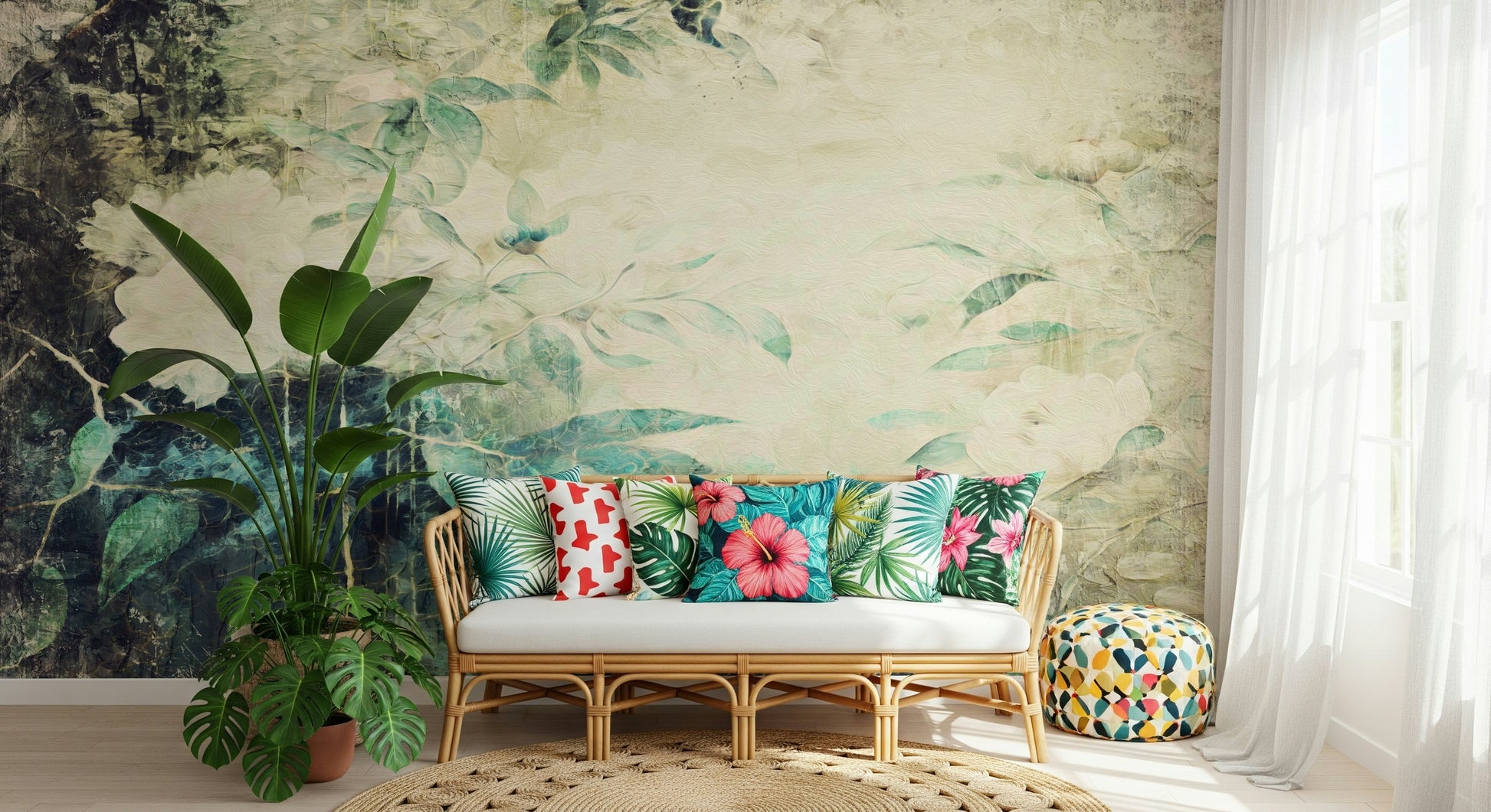 A graceful subtle bloom wall mural in soft, faded tones.

