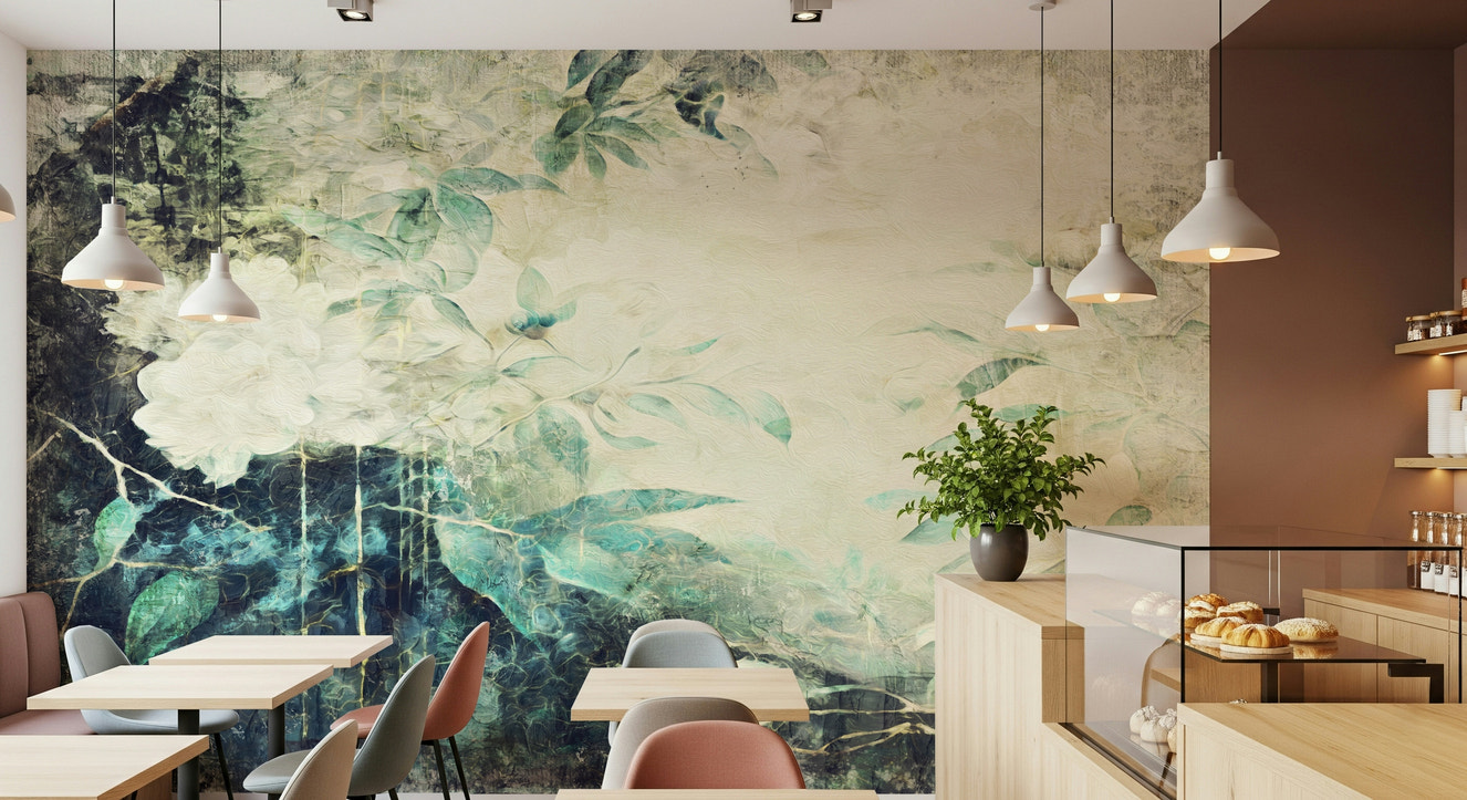 A beautiful distressed floral wallpaper mural for a modern home.

