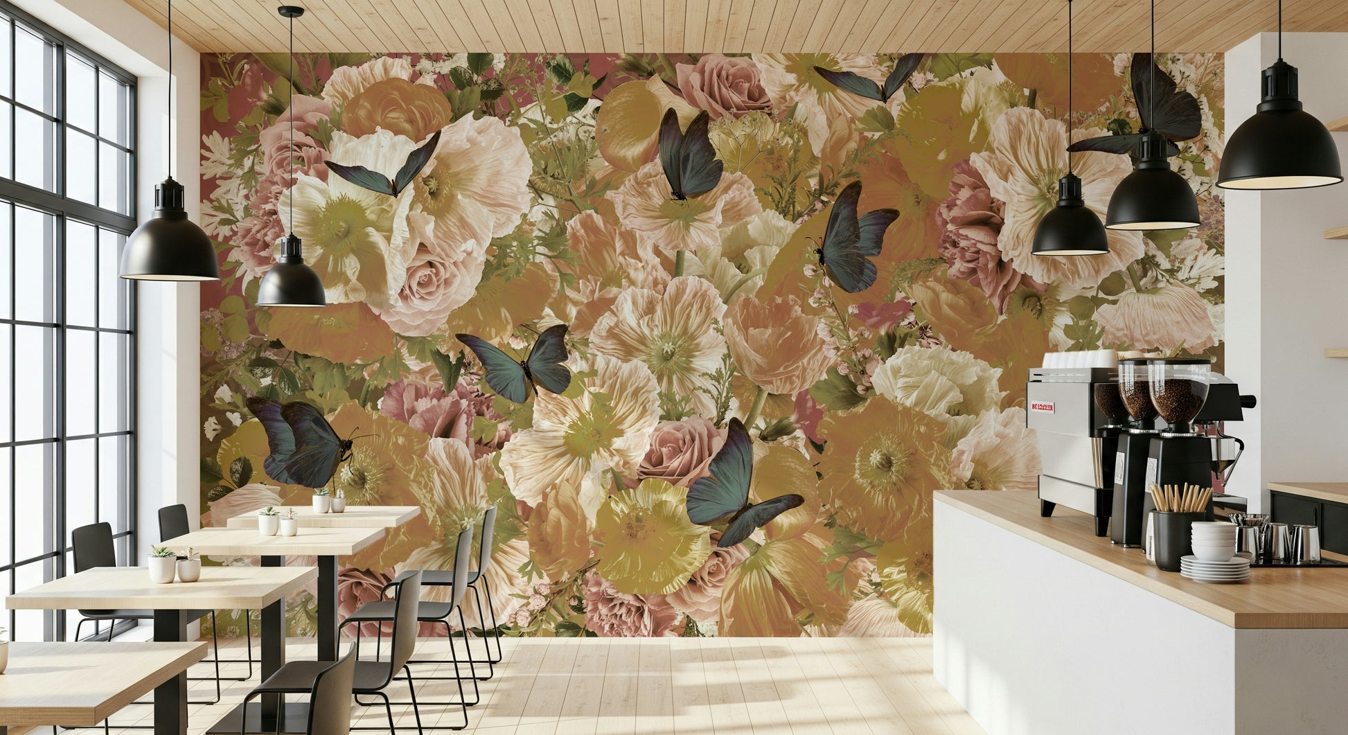 A classic floral wallpaper for walls with a butterfly theme.

