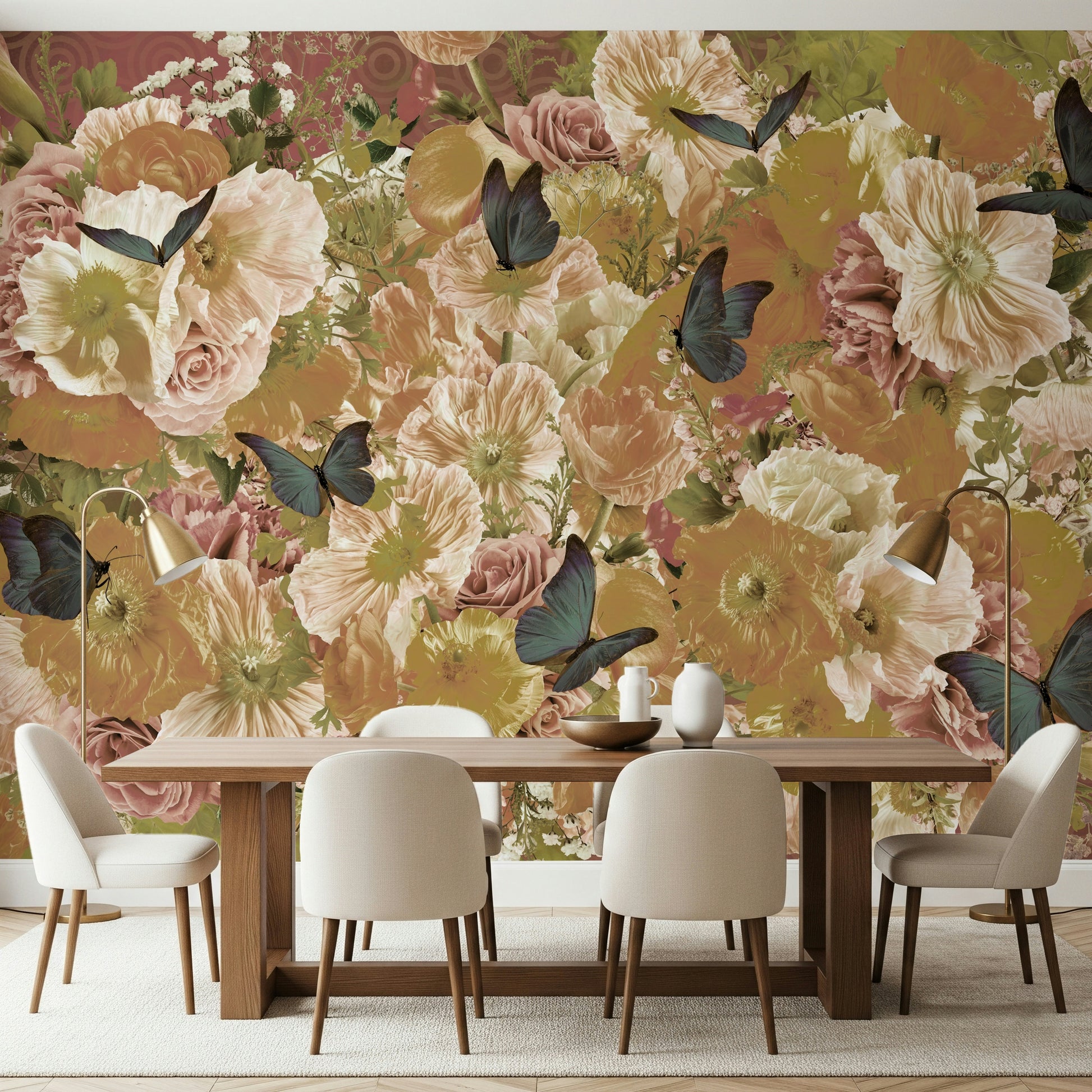 A contemplative butterfly pattern wallpaper mural for a feature wall.

