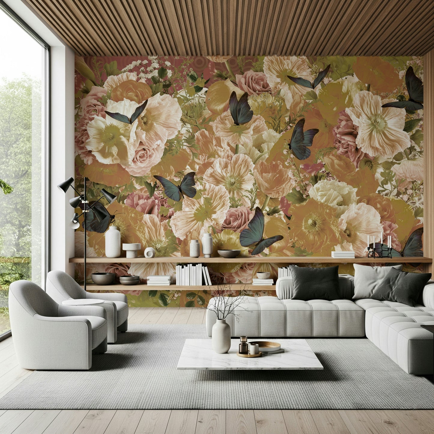 A calming floral design wallpaper mural that defines a space.

