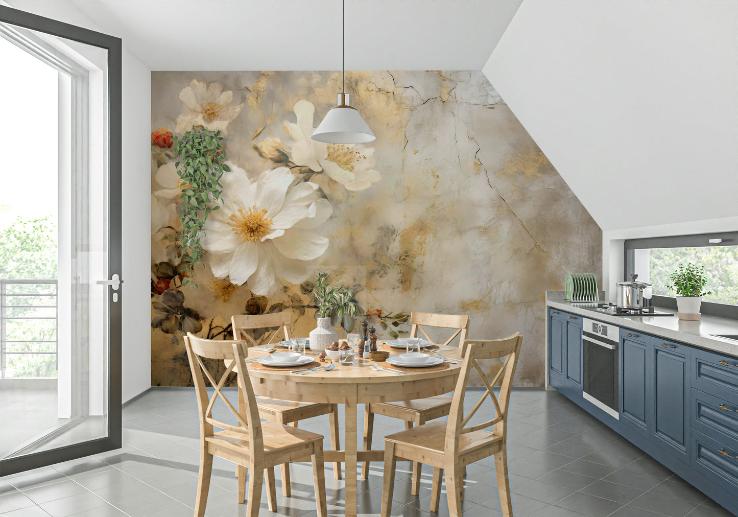 A graceful subtle bloom wall mural in soft, ivory tones.

