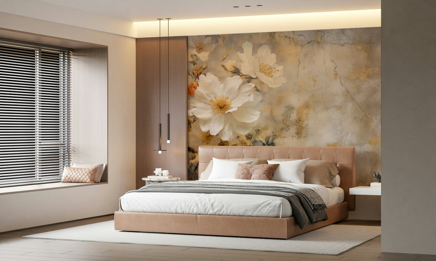 An artistic delicate bloom mural on minimalist wallpaper.

