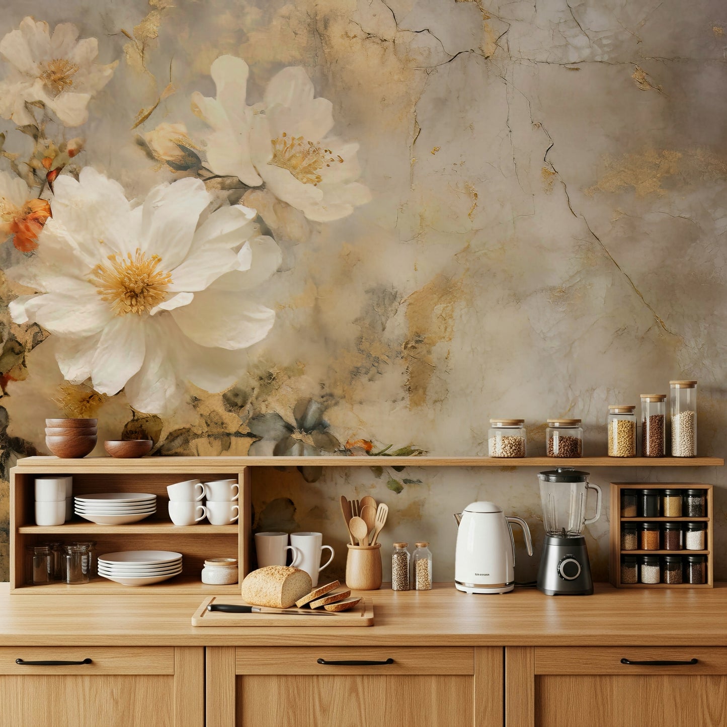 A beautiful modern art wall mural of delicate flowers.

