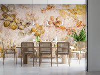 An artistic autumn foliage mural on minimalist wallpaper.

