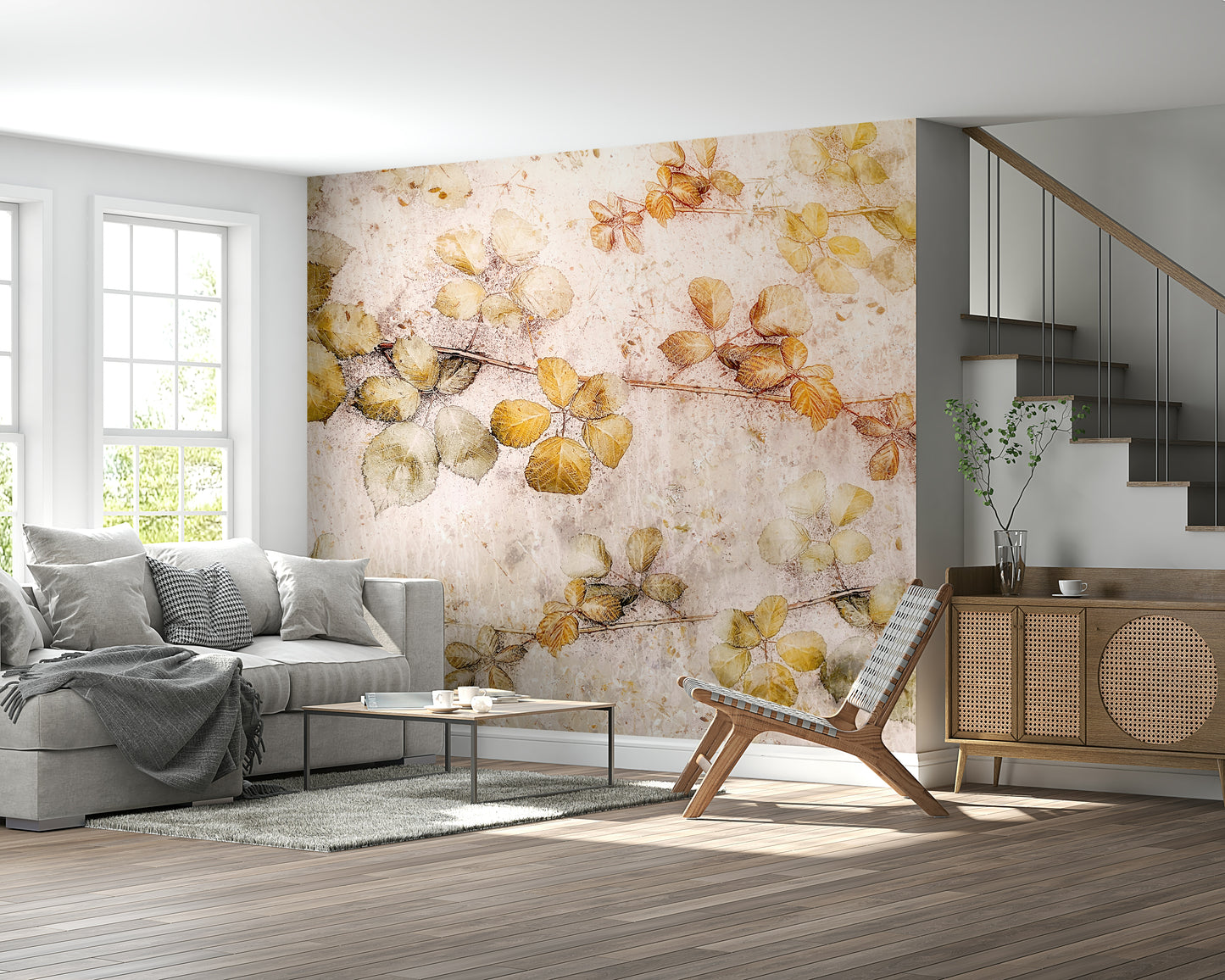 A peaceful natural theme mural on decorative wallpaper.

