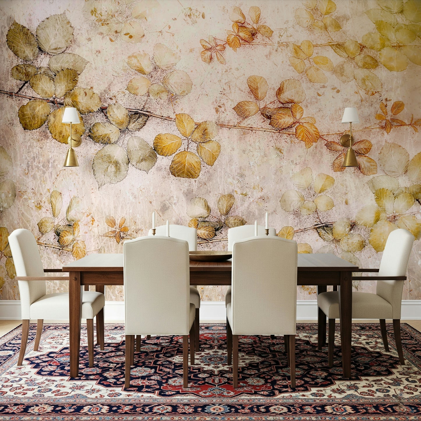 A graceful subtle leaf pattern wall mural in warm, golden tones.

