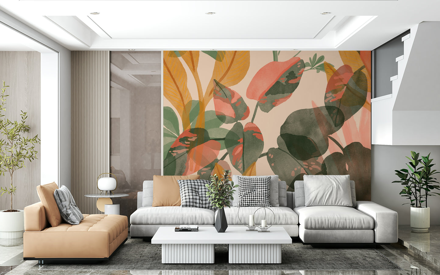 A tranquil subtle leaf pattern wall mural for your decor.

