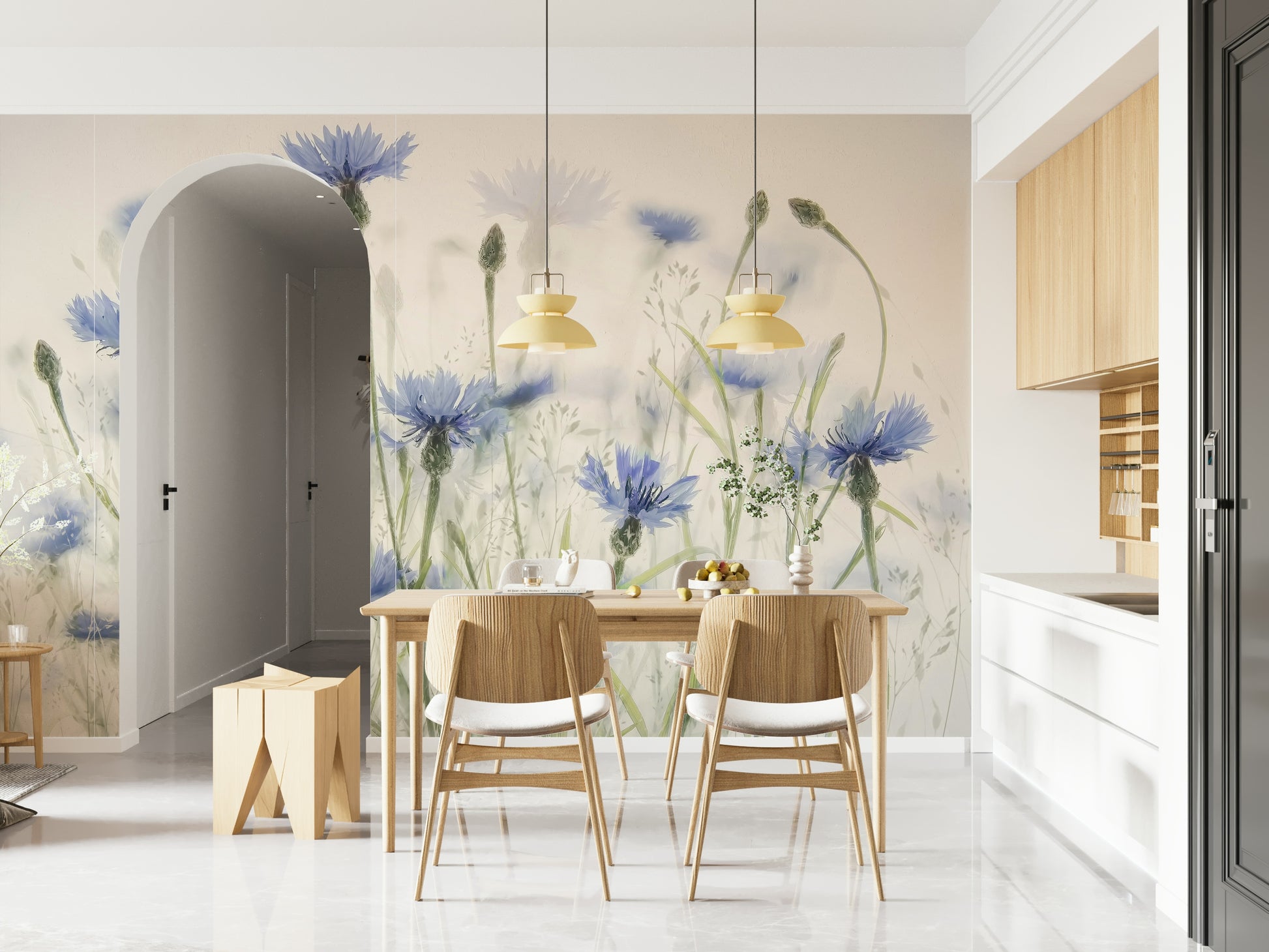 A beautiful modern art wall mural of delicate cornflowers.

