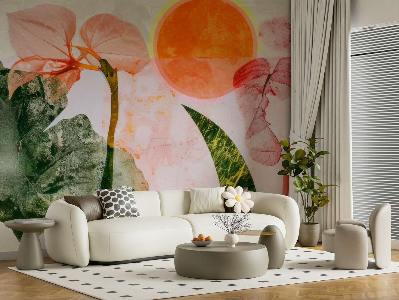 A beautiful bright botanical wallpaper mural for a modern home.

