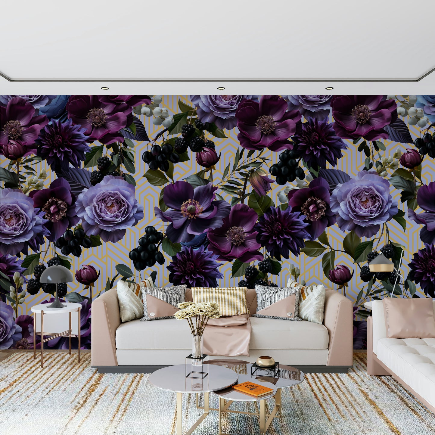 A peaceful floral deco mural on decorative wallpaper.

