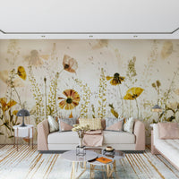 A serene subtle floral wall mural with delicate leaves.

