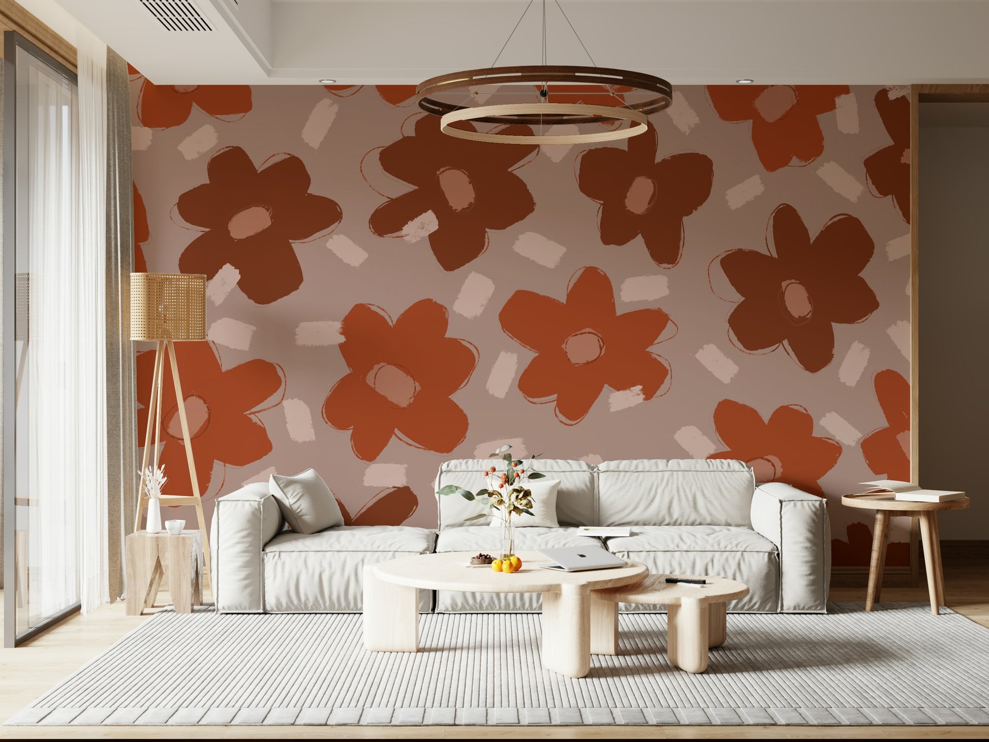 A graceful subtle bloom wall mural in warm, natural tones.

