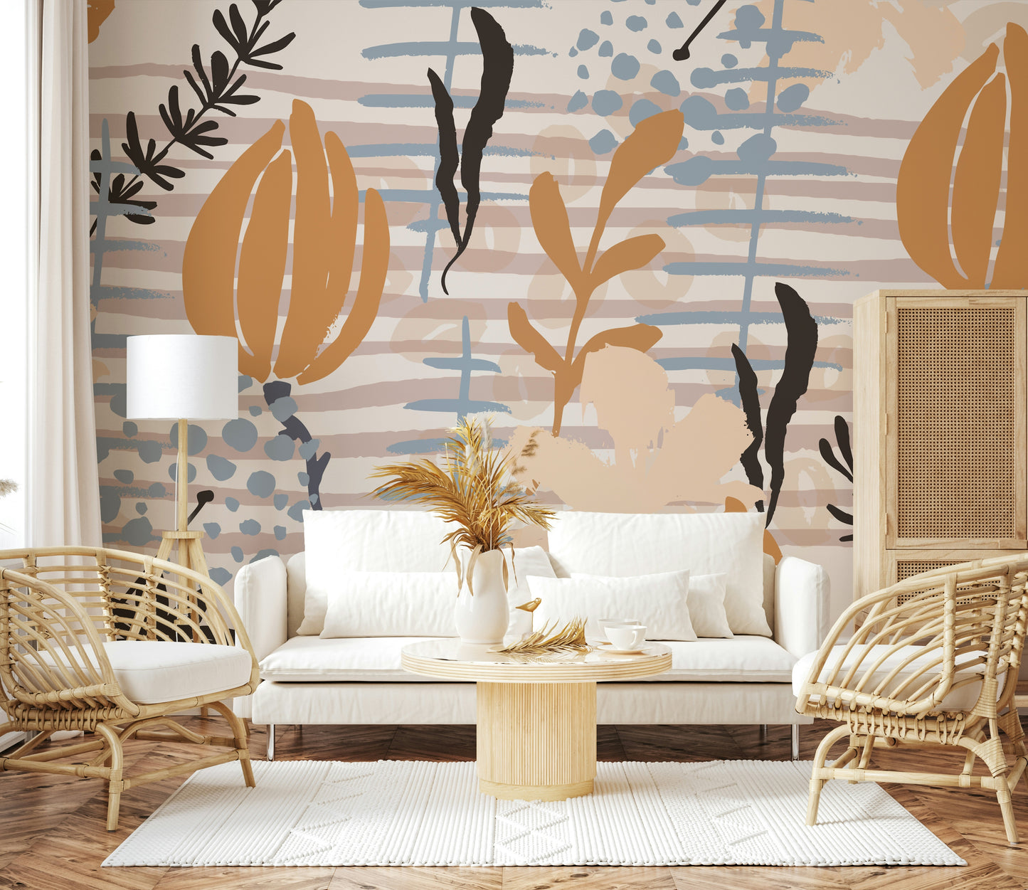 A graceful subtle pattern wall mural in cool, natural tones.

