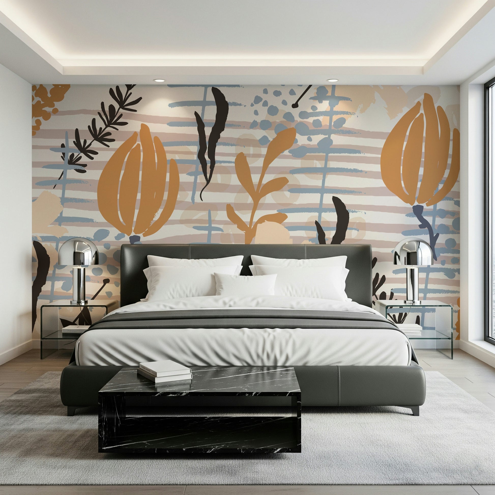 A peaceful botanical and stripe mural on decorative wallpaper.

