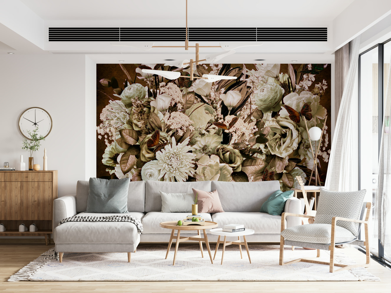 A beautiful vintage floral wallpaper mural with soft, faded blooms.

