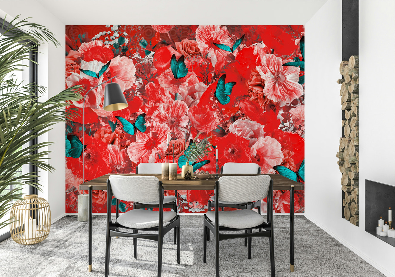 A beautiful crimson floral wallpaper mural for a modern home.

