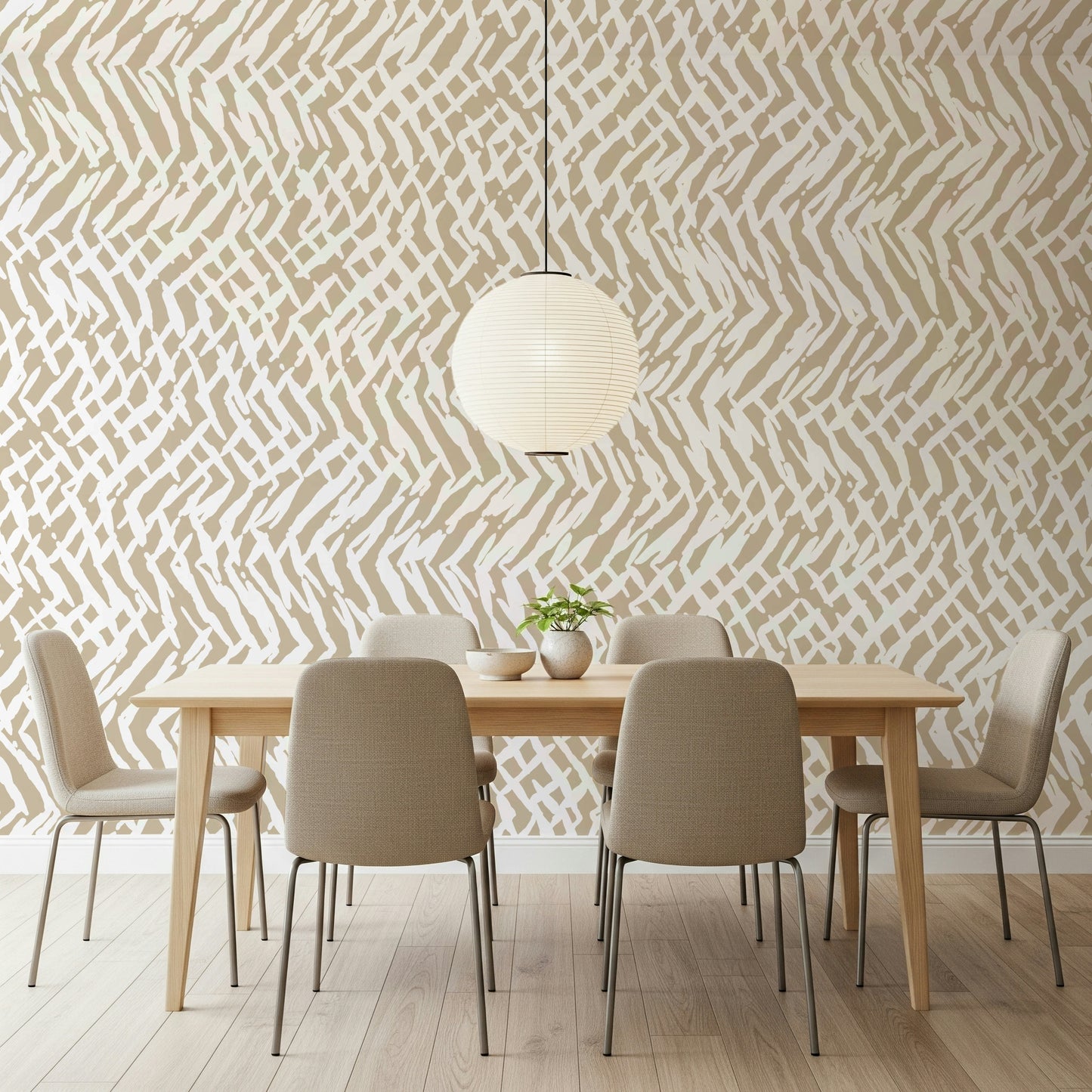 A peaceful geometric design mural on decorative wallpaper.

