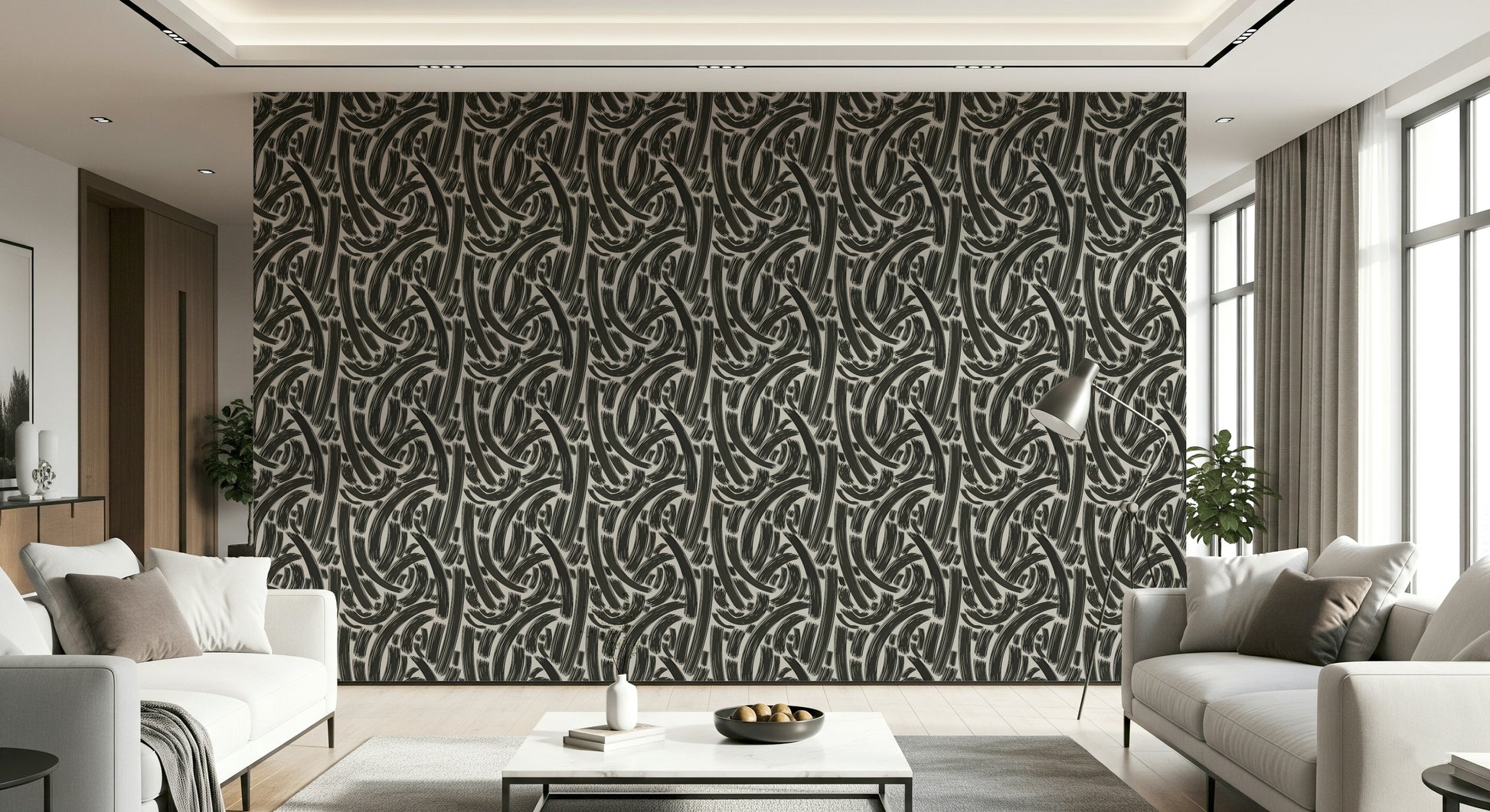 A contemplative graphic pattern wallpaper mural for a feature wall.

