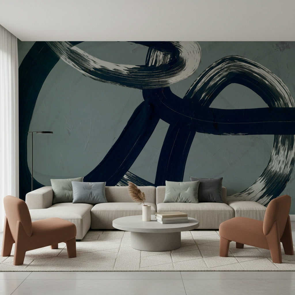 A peaceful modern abstract mural on decorative wallpaper.

