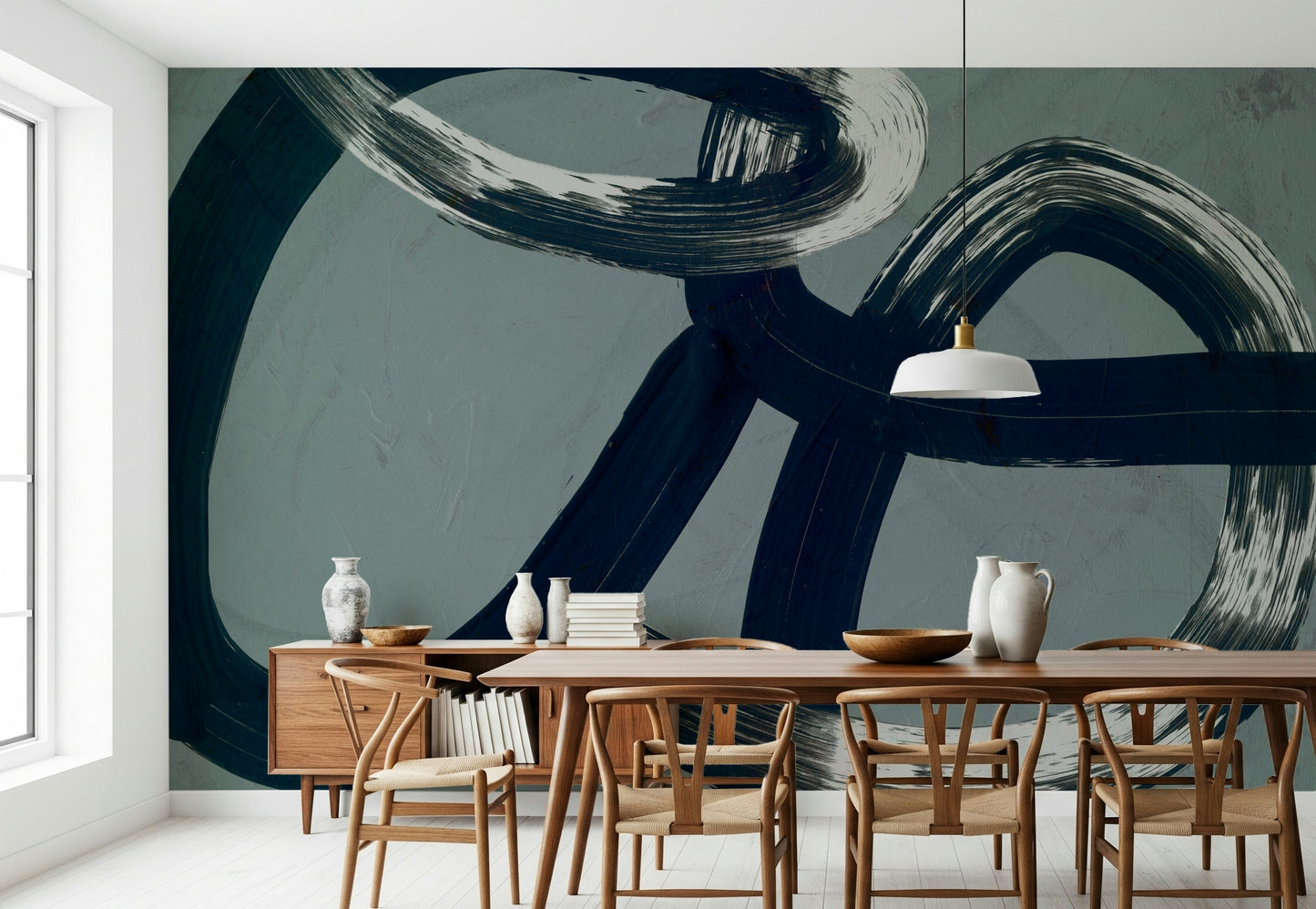 A calming abstract design wallpaper mural that defines a space.

